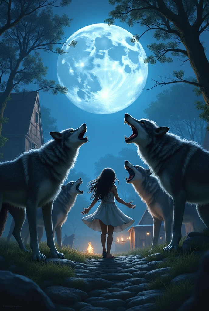 A festival at moonwood mill which is a werewolf sims world, where there are several werewolves standing howling at the moon while a half-werewolf girl dances in the middle of them