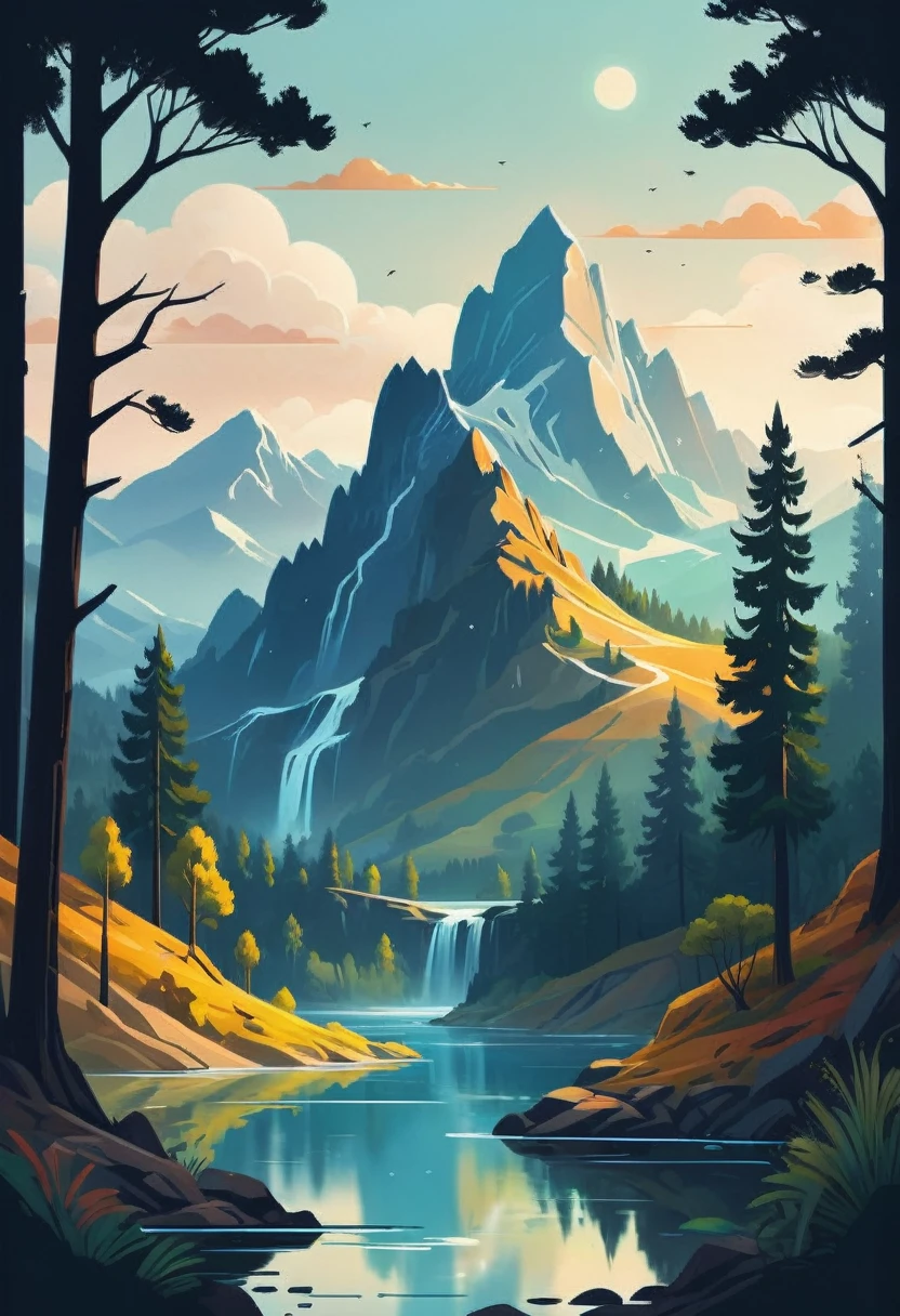 impressive painting of a mountain with trees and water, a detailed painting by Petros Afshar, shutterstock contest winner, environmental art, detailed painting, outlined art, 2d game art, isolated background for logo, strong contours, logo design
