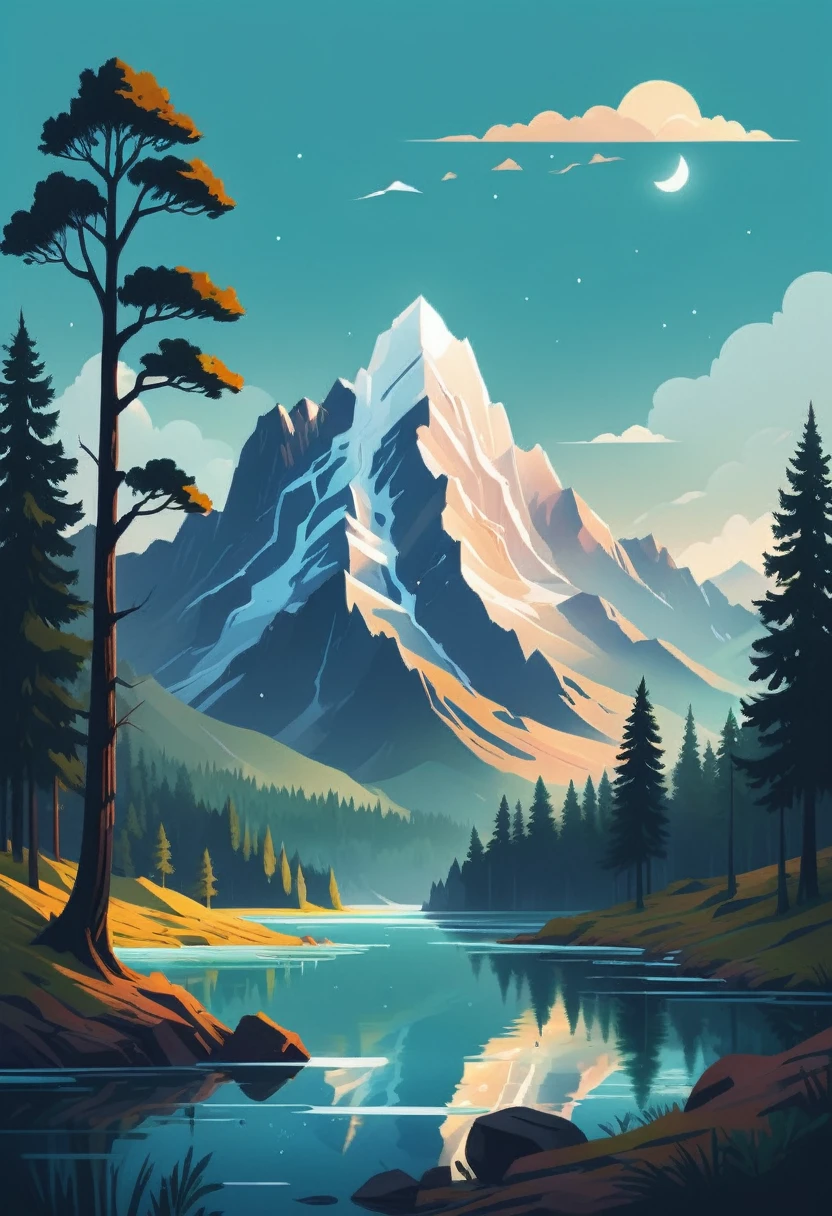 impressive painting of a mountain with trees and water, a detailed painting by Petros Afshar, shutterstock contest winner, environmental art, detailed painting, outlined art, 2d game art, isolated background for logo, strong contours, logo design