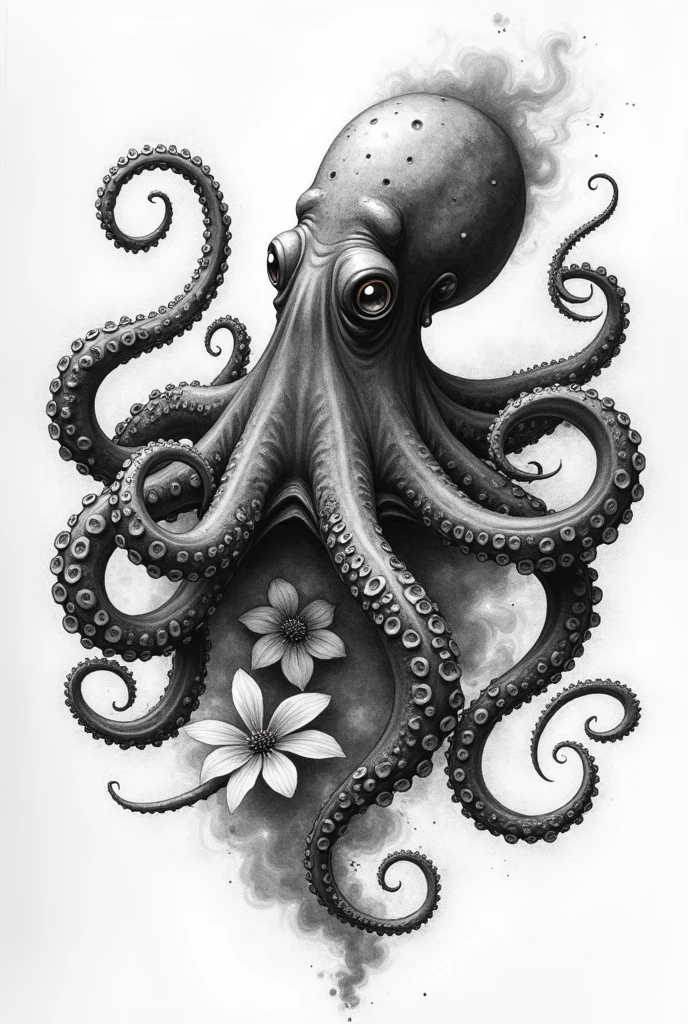 A black and white drawing of an octopus with Tentáculos, Mix of tentacled creatures, anthropomorphic pulp, highly detailed ink illustration, octopus Tentacles, cephalopods, detailed digital ink drawing, Lovecraftian sea creature, many Tentacles, dust, ornate Tentáculos growing around, octopus formed by smoke, flowers around, many tentacles, large and small flowers around the octopus