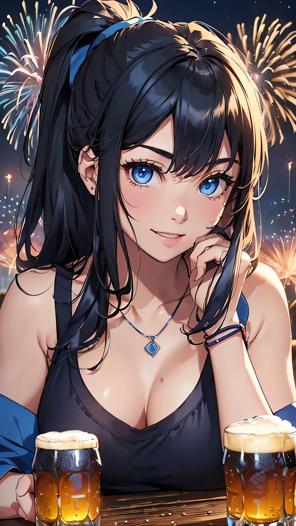 最high quality、Best image quality、masterpiece、With a girl((cute、20-year-old、Best Bust、Medium Bust、Beautiful Blue Eyes、Spread your chest wide,Black Hair、ponytail、Disheveled Hair、thin、Highest Valley、Blue Tank Top、Blue shorts、smile、Beer を持つ、Drunk、necklace、Wristband)）high quality、Beautiful art、background((night、festival、stall、Fireworks、Beer )),Tabletop、Exquisite design、Visual Arts、Written boundary depth、Best lighting、Highest detail、8ｋ