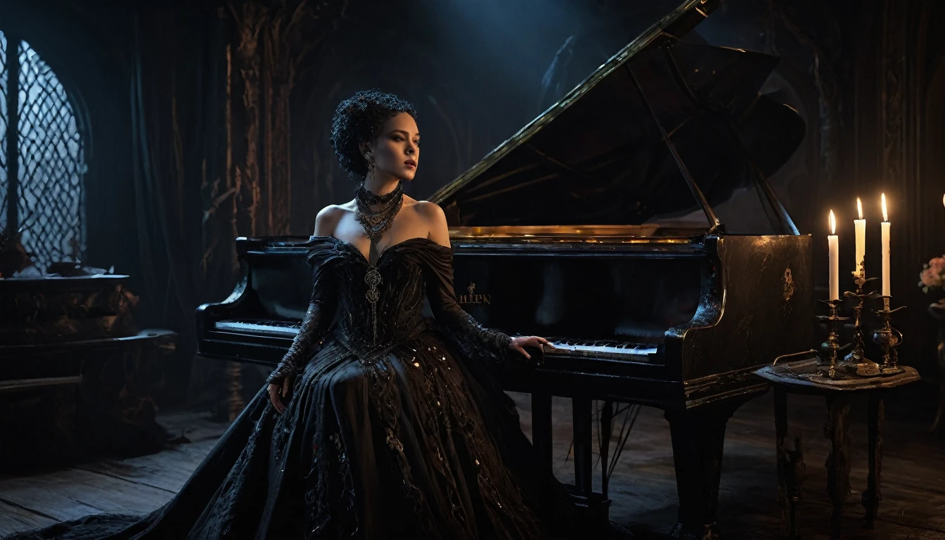 // A scene inspired by Dune: A single Nightshade Sister, dressed in tattered and torn clothing that resembles a mix of a bikini and shredded gown, is chained by her neck as she plays a grand piano in a grand, decadent chamber filled with luxurious yet sinister decor. The sister, bound and treated as a slave, performs a haunting melody while surrounded by Harkonnen men and women, all pale and dressed in dark, extravagant attire. The atmosphere is thick with eerie fascination and cruel delight, as the Harkonnen audience watches her intently. The lighting is dim, with deep shadows and flickering flames casting an ominous glow over the scene, highlighting the stark contrast between the sister's suffering and the dark, decadent surroundings.