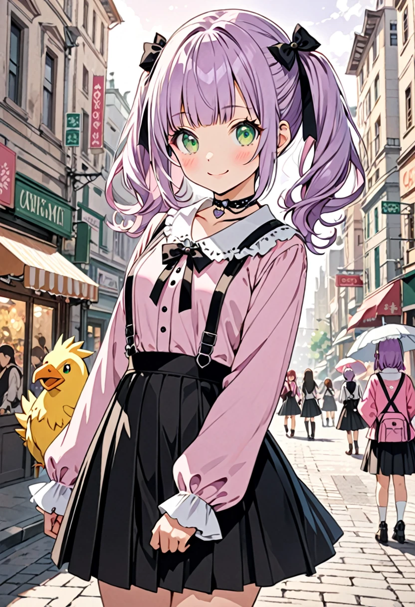 ((best quality, high resolution)), (delicate illustration), (pastelcolor style illustration:0.9), (watercolor style illustration:0.4), ((beautiful:1.3)), 4k, (a girl with closs hair pin, looking at viewer. Light purple hair, low twintail hair, blunt bangs, smiling face, green eyes. closs hair pin, pink shirt, cosplay, jirai kei, bangs, black skirt, black bow, looking at viewer, bow, long sleeves, choker, ribbon:1.4), anime visual, (tilt head:1.3), Cute, Kawaii, She was wearing glasses, fullbody shot, Riding a Chocobo from Final Fantasy through the city, holding back hair, looking flustered, When someone called out to her, she looked shyly at the viewer, Masterpiece, Detailed Drawing, Illustration, Official Art