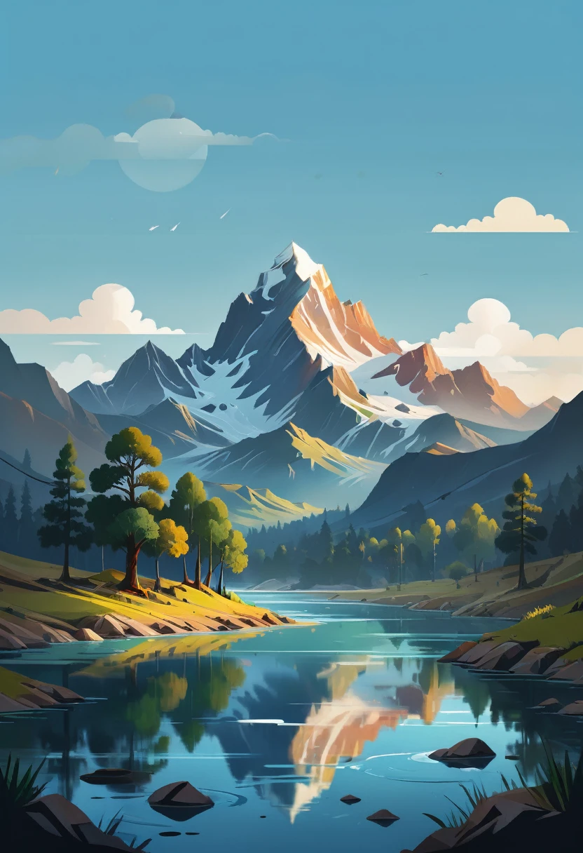 impressive painting of a mountain with trees and water, a detailed painting by Petros Afshar, shutterstock contest winner, environmental art, detailed painting, outlined art, 2d game art, isolated background for logo, strong contours, logo design