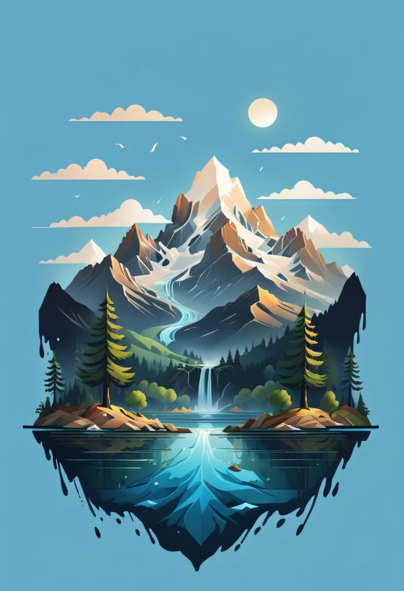 impressive painting of a mountain with trees and water, a detailed painting by Petros Afshar, shutterstock contest winner, environmental art, detailed painting, outlined art, 2d game art, isolated background for logo, strong contours, logo design
