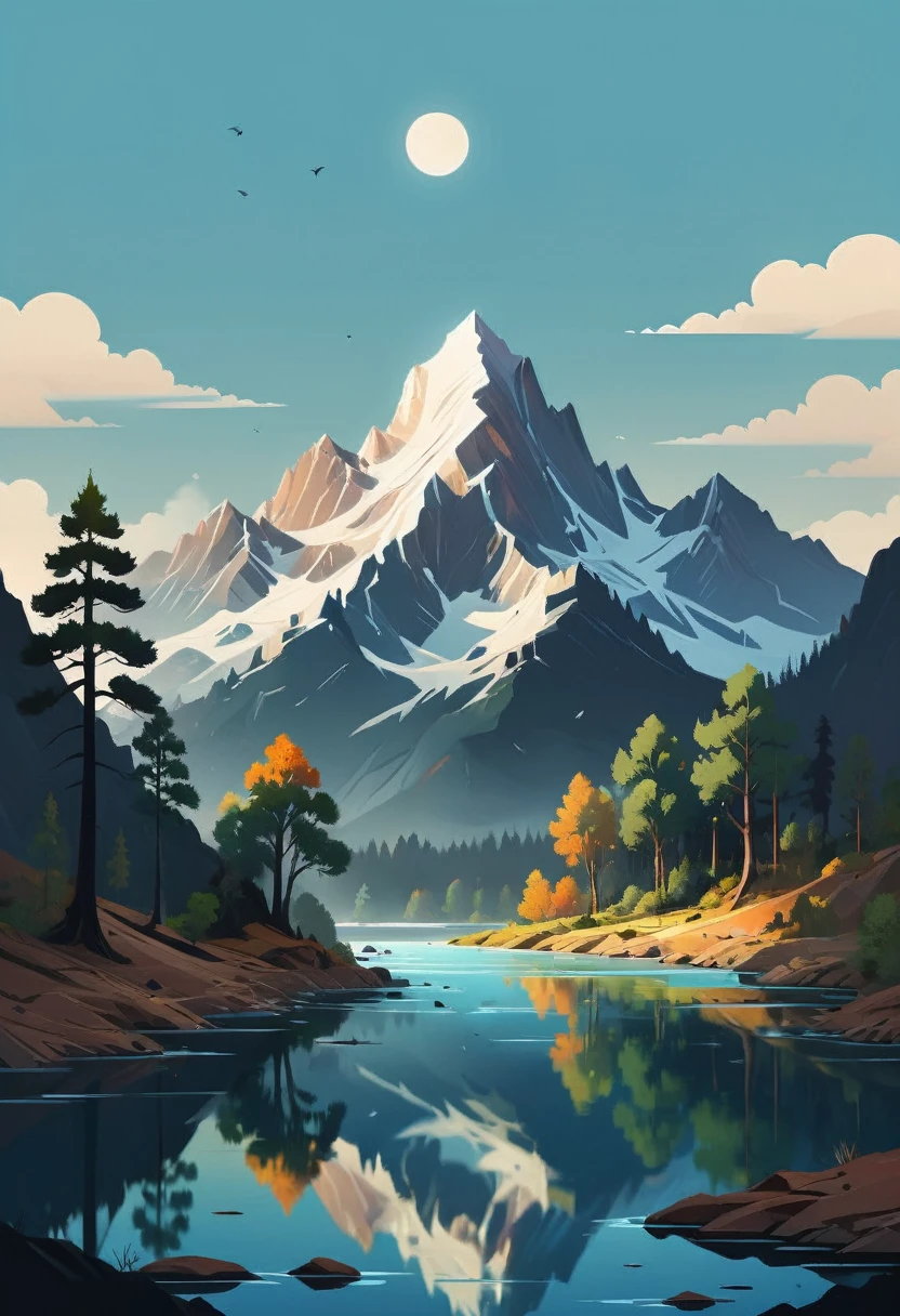 impressive painting of a mountain with trees and water, a detailed painting by Petros Afshar, shutterstock contest winner, environmental art, detailed painting, outlined art, 2d game art, isolated background for logo, strong contours, logo design