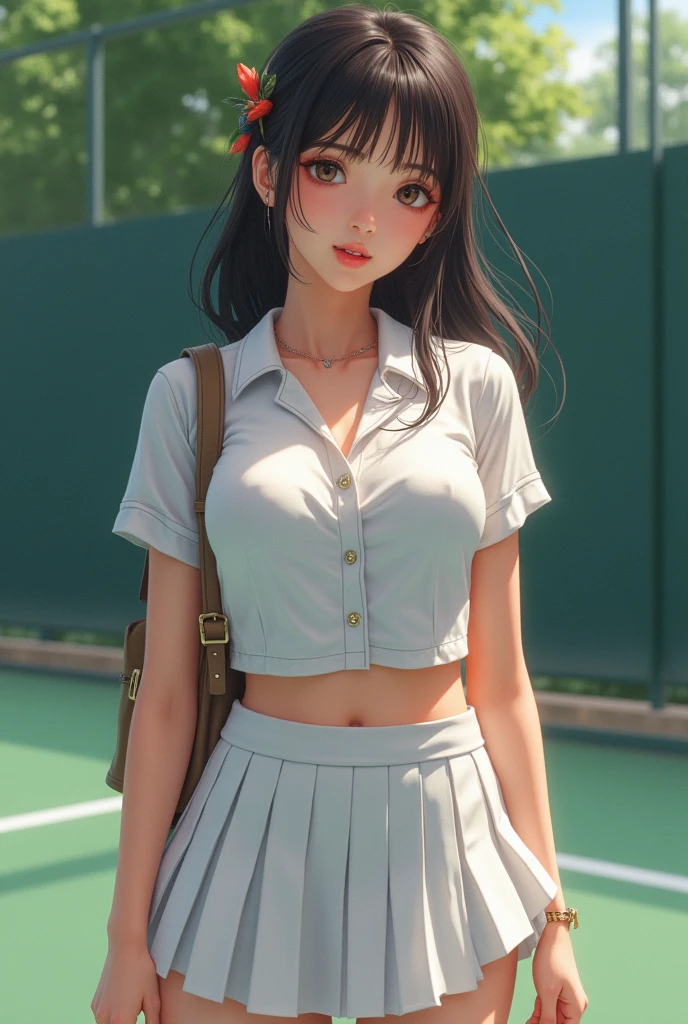 American hot school girl in school uniform chest extremely large in size and very beautiful face and very white face in romantic mood biting her lips in 9th class playing tennis
