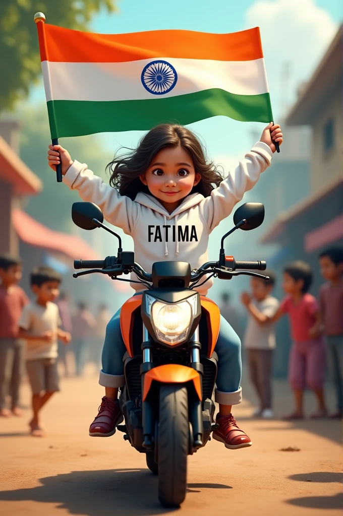 An 10 year old girl, wearing a white hoodie with ‘FATIMA ‘ in his hair, sits on a KTM bike holding the Indian flag. He’s celebrating Independence Day on an Indian street with children playing and uncles drinking tea. ‘Happy Independence Day’ is written at the top in 3D art. Create a realistic, high-resolution image.