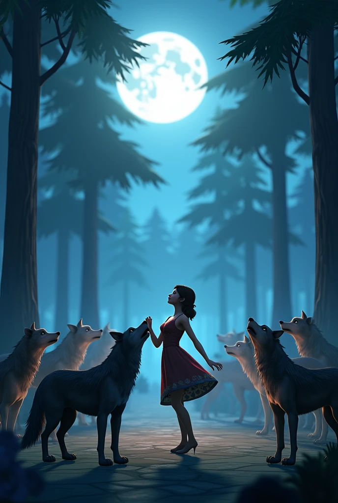 A festival at moonwood mill which is a Sims 4 werewolf world, where there are several werewolves standing howling at the moon while a half-werewolf girl dances in the middle of them