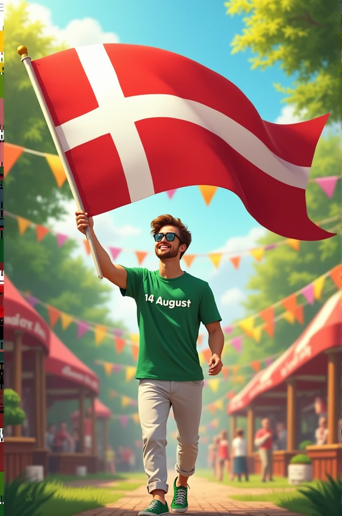 A young man sits in a park decorated for 14 August.
He wears a green T-shirt with "danish" in white letters, a white Shirt, white pants, green shoes, and sunglasses. He holds the biggest 14 August flag in his hand , with the fastive park background highlighting the independence day