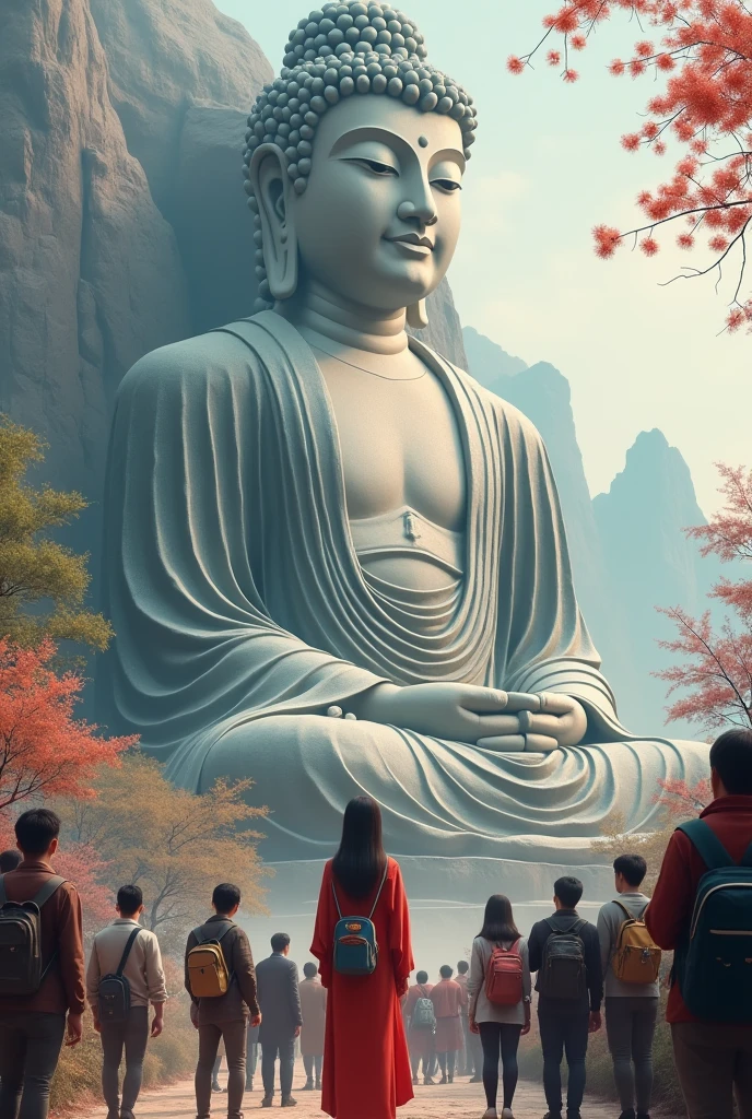 A woman and tourists take a photo at the Leshan Giant Buddha,Chinoiserie style