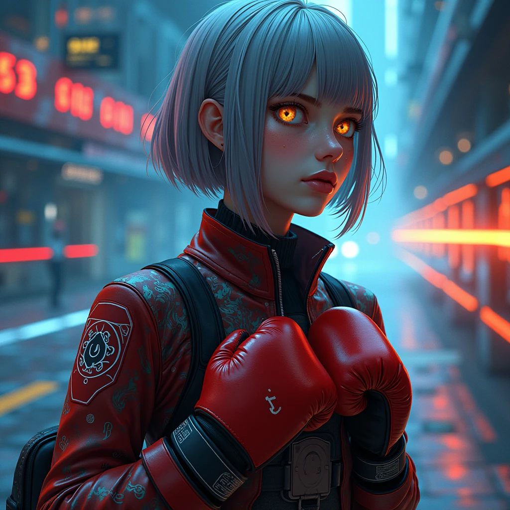 (masterpiece, Highest quality, Highest quality, Official Art, beautifully、aesthetic:1.2), Very detailed, (Abstract:1.2), Light trail, Vibrant colors, Visual clutter, Fluid movement, Fascinating patterns, Most detailed,
1 girl, Full-length portrait of an adult Spanish woman、全身にネオンのLight trailがたくさん走る、, Amber Eyes, Grey wedge cut hair, Boxing gloves、
Portraiture, Character Focus, look up, alone, Upper Body, Detailed Background, Detailed face, (Circuit board AI, Electronic Themes:1.1), Stoic expression, Symmetrical Configuration, Side light, Cinematic atmosphere, Regalia,
Nardac,