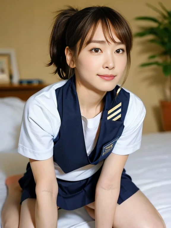 (Masterpiece, Best quality: 1.4), (Ultra realistic, Photo-realistic: 1.2), Full body, (kneeling: 1.3), Looking at viewer, Natural light, 28 years old actress, Japanese women, (arms behind back: 1.2), Neat and clean, (Wearing school uniform),((White Short-sleeve Sailor suit, Navyblue sailor collar, Navyblue skirt, Black skirt:1.2), Wearing white sock, (ponytail: 1.2)), Wearing white sock, (ponytail: 1.2), Light brown hair color, (Beautiful Face), Oval face, clear, (Beautiful eyes, Kind eyes), (Clear skin), Small face, (Small mouth, Beautiful mouth), Natural makeup, Approachable, Hotel Suite room, On bed, (nsfw:1.1), Seductive smile, Seductive pose, Beautiful thighs, Touch pussy, Bedroom eyes, Spread legs,