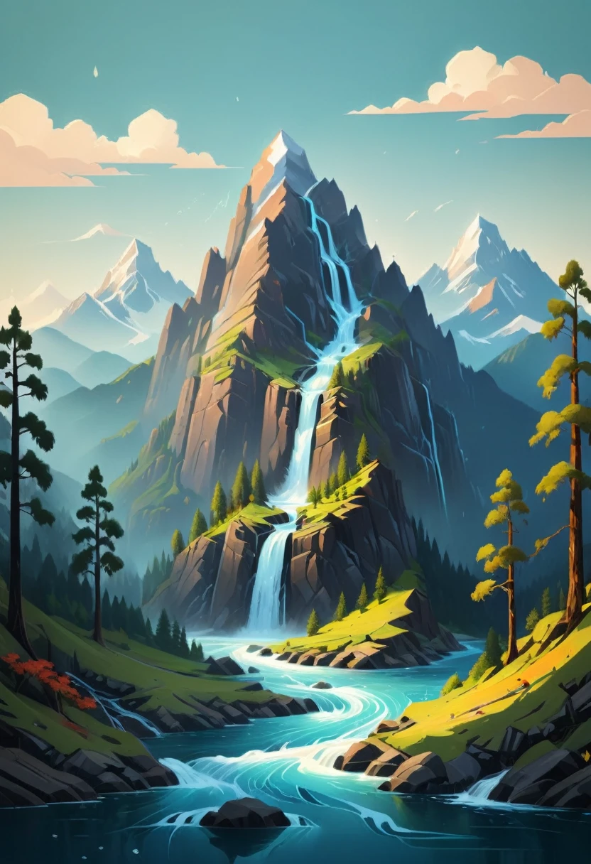 impressive painting of a mountain with trees and water, a detailed painting by Petros Afshar, shutterstock contest winner, environmental art, detailed painting, outlined art, 2d game art, isolated background for logo, strong contours, logo design