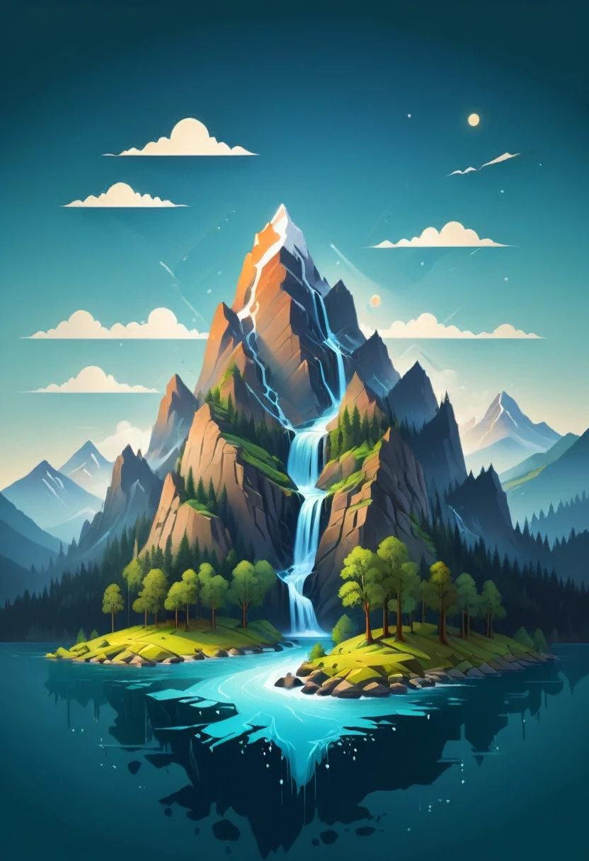 impressive painting of a mountain with trees and water, a detailed painting by Petros Afshar, shutterstock contest winner, environmental art, detailed painting, outlined art, 2d game art, isolated background for logo, strong contours, logo design
