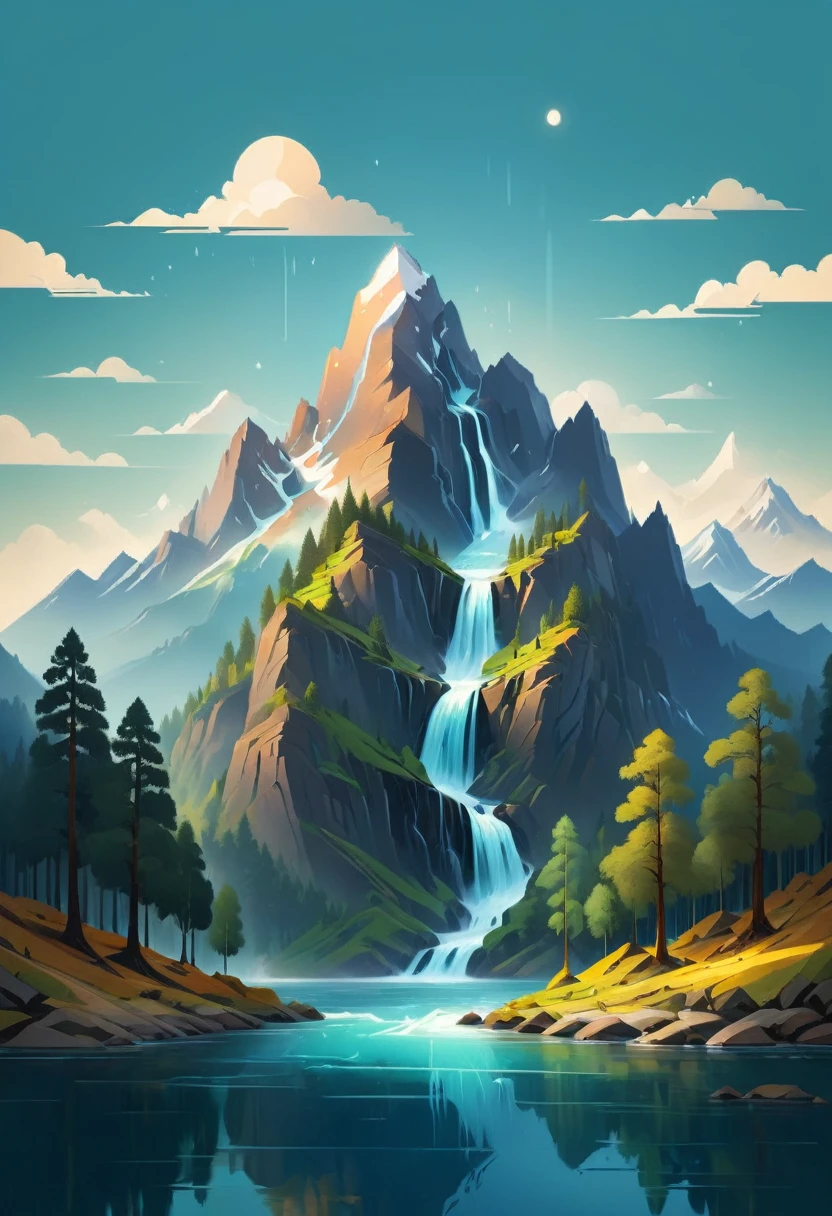 impressive painting of a mountain with trees and water, a detailed painting by Petros Afshar, shutterstock contest winner, environmental art, detailed painting, outlined art, 2d game art, isolated background for logo, strong contours, logo design