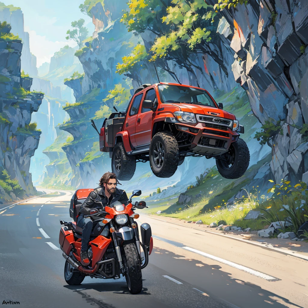 ROCK STTART man with a taste for cars, motorcycles and tattoos traveling on the road with landscapes of exotic and spectacular nature