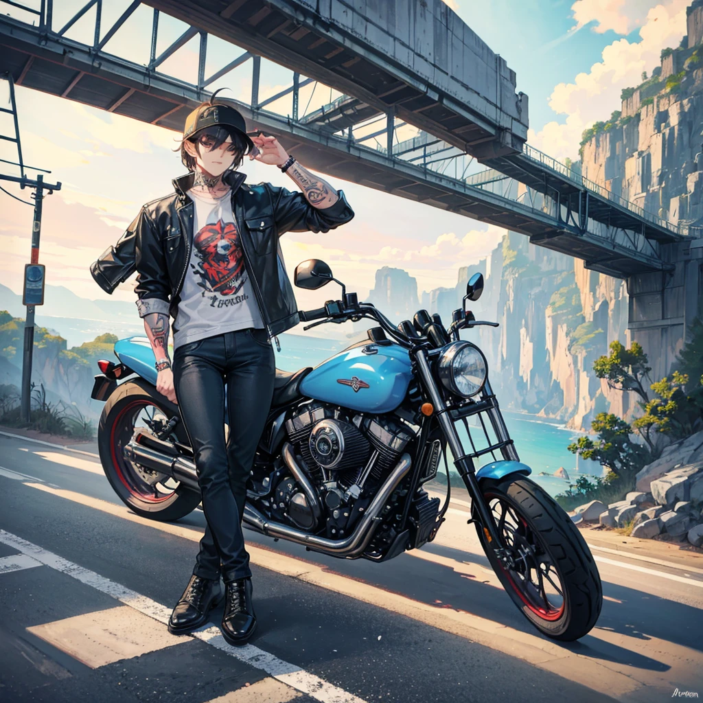 ROCK STTART man with a taste for cars, motorcycles and tattoos traveling on the road with landscapes of exotic and spectacular nature