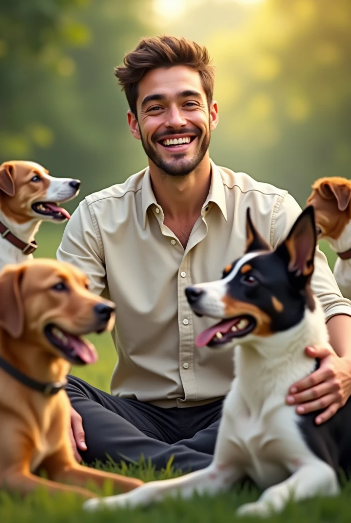A refreshing man in his 30s who smiles and loves dogs