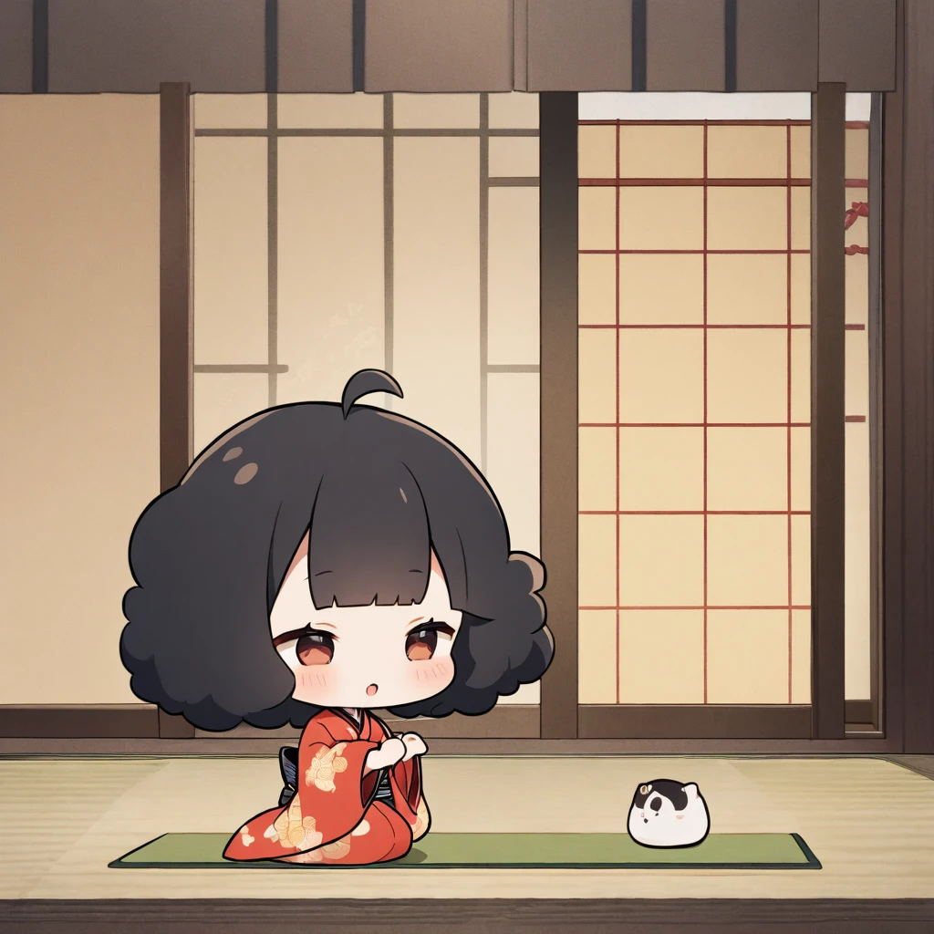 A girl with an afro in a kimono sits in seiza position、Peeking through the gaps in the shoji screen、Chibi Character、Ahoge、Black Hair、yurukawa