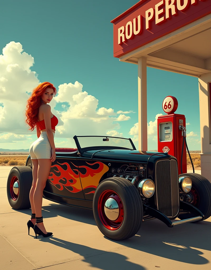 Wide-angle shot of a sizzling 1950s scene: a ravishing redheaded pin-up girl stands provocatively by a vintage gas pump at a full-service station on America's iconic Route 66. Her luscious locks are styled in a nostalgic '50s pin-up art flair, accentuating her hourglass figure and curvaceous silhouette. She sports a fitted white skirt, a bold red blouse with tantalizing cleavage, and black pantyhose with a garter belt and ankle-strap heels. The stunning roadster, a 1932 Ford hot rod, gleams in the sunlight, its glossy black body with red orange and yellow flames running down the side of the car burning bright against the backdrop of Route 66's open highway. retina, accurate, masterpiece, super detail, high details, best quality, award winning, highres, HD, 4K, 8k, 16k, realistic
