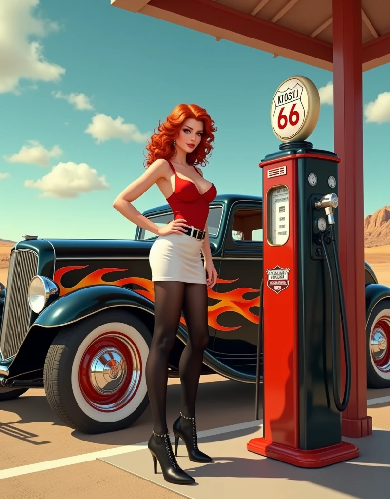 Wide-angle shot of a sizzling 1950s scene: a ravishing redheaded pin-up girl stands provocatively by a vintage gas pump at a full-service station on America's iconic Route 66. Her luscious locks are styled in a nostalgic '50s pin-up art flair, accentuating her hourglass figure and curvaceous silhouette. She sports a fitted white skirt, a bold red blouse with tantalizing cleavage, and black pantyhose with a garter belt and ankle-strap heels. The stunning roadster, a 1932 Ford hot rod, gleams in the sunlight, its orange and yellow flames burning bright against the backdrop of Route 66's open highway. retina, accurate, masterpiece, super detail, high details, best quality, award winning, highres, HD, 4K, 8k, 16k, realistic