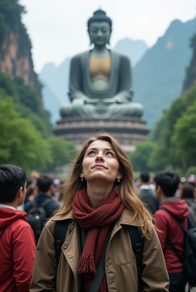 A woman and tourists take a photo at the Leshan Giant Buddha,Realistic style,real picture