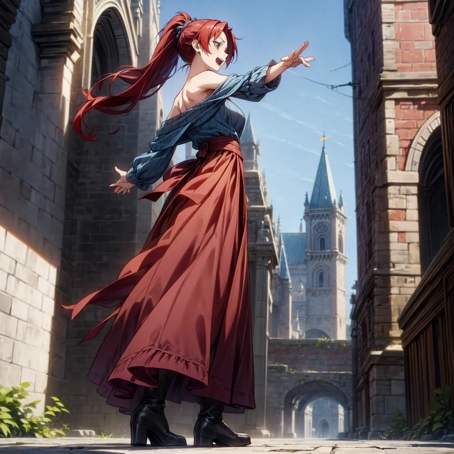 Solo character, full body version, young girl, black eyes, red color hair, long hair, ponytail, long dress clothing, yellow and blue color dress, bare shoulder clothing, long skirt, boots, outdoor, village, medieval, morning, standing gesture, detailed background, detailed clothing, detailed hair, happy eyes, open mouth, big Breast 