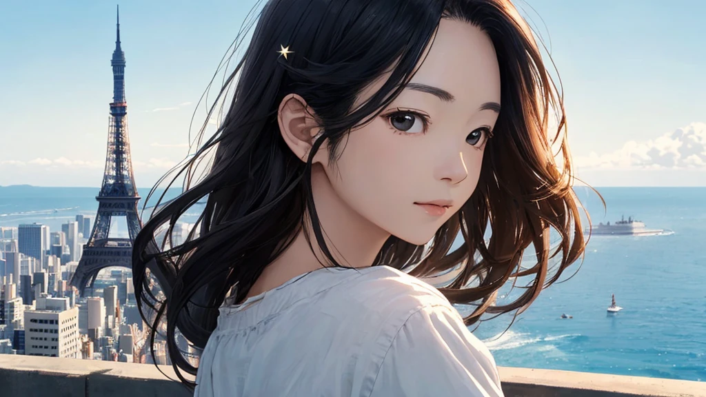 Shiraishi Mei, Looks exactly like Shiraishi Mei、Time is night、From a high-rise apartment room、Tokyo Tower in the background、Big fireworks、Oceanの方を向いている後ろ姿、Woman looking up at the sky ,Long Hair, Black Hair,, Photo from the side, Realistic, Highest quality, Detailed face, Strong sunlight, Ocean, Embankment, Detailed Background, Diffused sunlight, Written boundary depth, Bokeh (Highest quality: 1.2), (masterpiece: 1.2), Watch Viewer, one piece, White Theme, ,Vision、(((Panorama:1.2)))