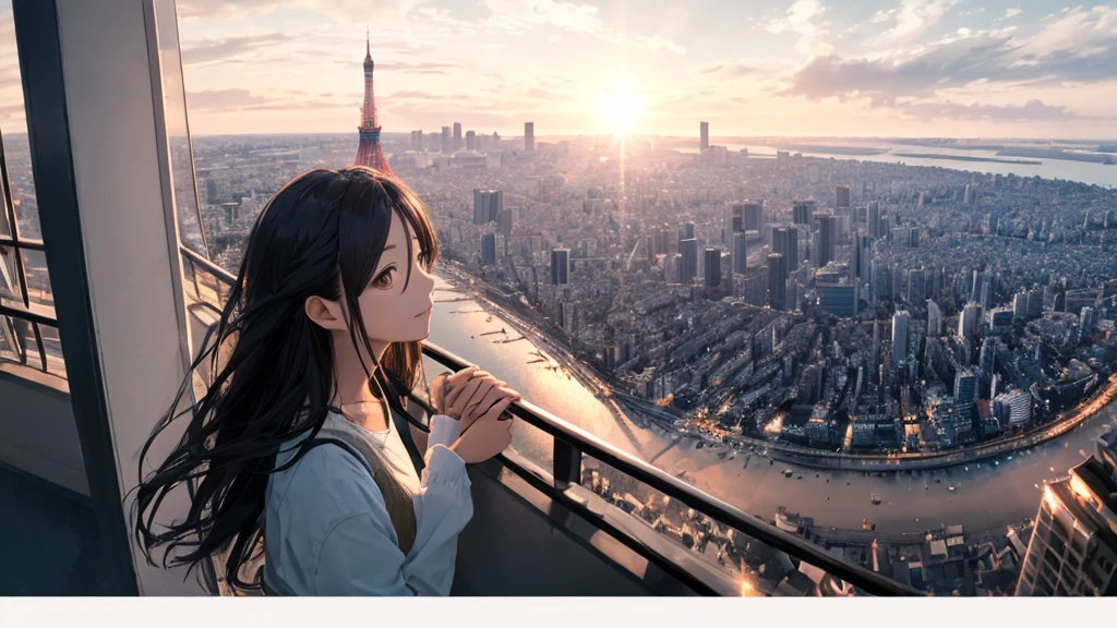 Shiraishi Mei, Looks exactly like Shiraishi Mei、Time is night、From a high-rise apartment room、Tokyo Tower in the background、Big fireworks、Oceanの方を向いている後ろ姿、Woman looking up at the sky ,Long Hair, Black Hair,, Photo from the side, Realistic, Highest quality, Detailed face, Strong sunlight, Ocean, Embankment, Detailed Background, Diffused sunlight, Written boundary depth, Bokeh (Highest quality: 1.2), (masterpiece: 1.2), Watch Viewer, one piece, White Theme, ,Vision、(((Panorama:1.2)))