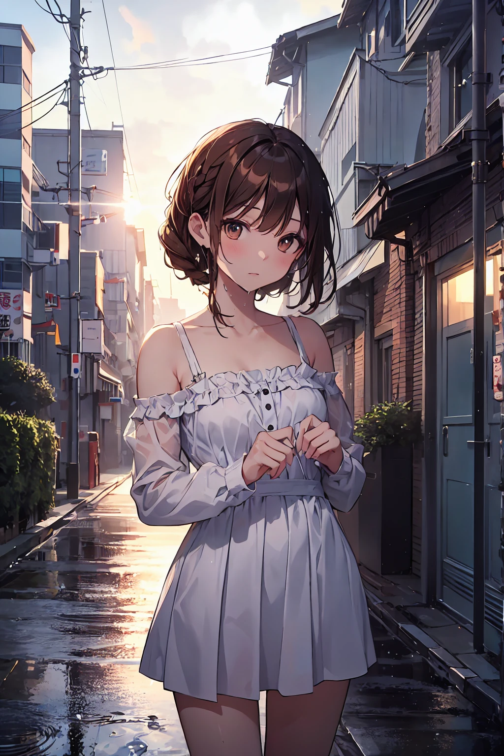 Tabletop, Highest quality,figure, wallpaper, Super detailed, Absurd, One Girl, alone, (Brown Hair，Medium Short Hair、Short braided hair), Beautiful attention to detail, Rainfall、Water droplets fall、Wet your hair , Look to the side, (street:1.5), The sky is bright，Summer sky、Bright landscape，((Highest quality)), (Very detailed), (高精細CG合成8Kwallpaper), 高いly detailed,  高い-definition raw colbor photos, Professional photography,  Written boundary depth,Small breasts，Flat chest