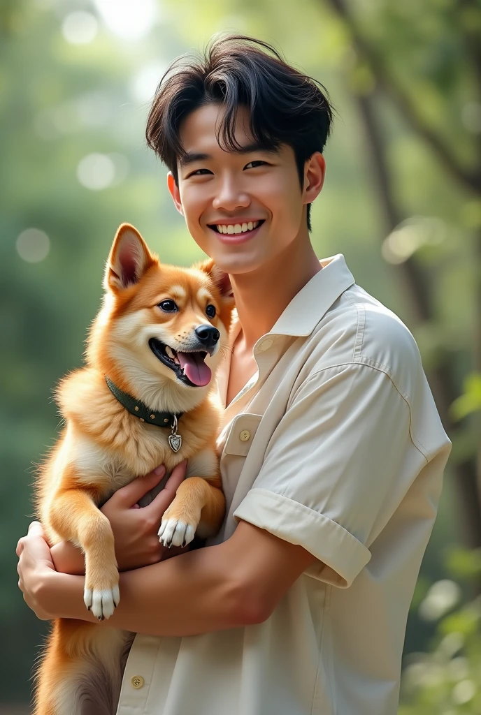 Man, refreshing, 30s, smiling, dog lover, beardless, Japanese, well-built