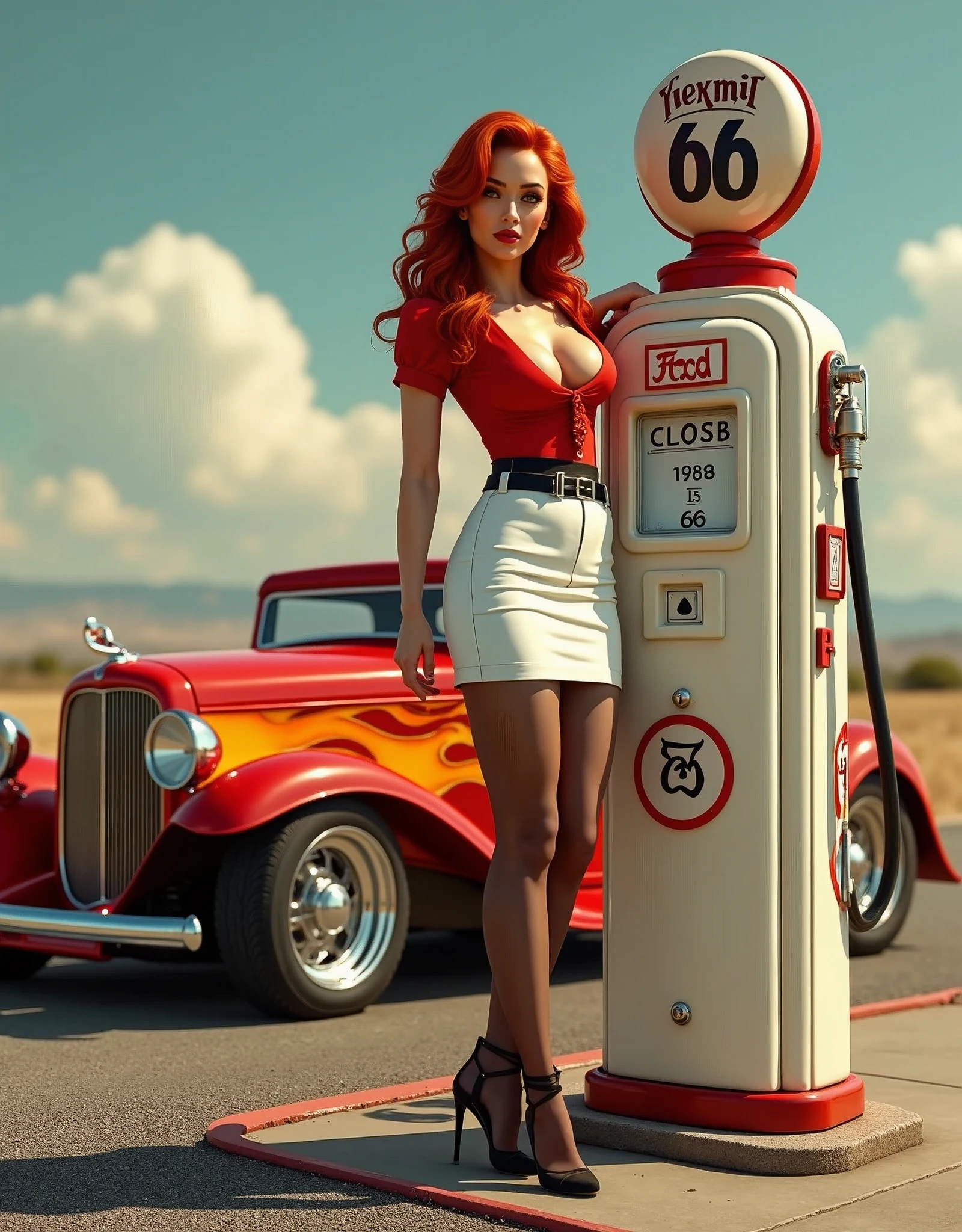 Wide-angle shot of a sizzling 1950s scene: a ravishing redheaded pin-up girl stands provocatively by a vintage gas pump at a full-service station on America's iconic Route 66. Her luscious locks are styled in a nostalgic '50s pin-up art flair, accentuating her hourglass figure and curvaceous silhouette. She sports a fitted white skirt, a bold red blouse with tantalizing cleavage, and black pantyhose with a garter belt and ankle-strap heels. The stunning roadster, a 1932 Ford hot rod, gleams in the sunlight, its orange and yellow flames burning bright against the backdrop of Route 66's open highway. retina, accurate, masterpiece, super detail, high details, best quality, award winning, highres, HD, 4K, 8k, 16k, realistic