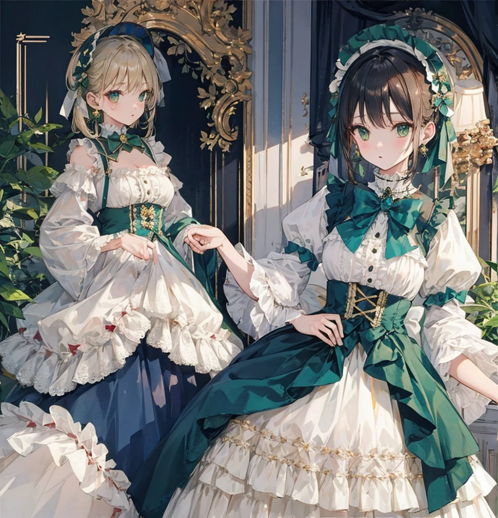 alone, length_sleeve,  dress, Frills, green_bow, Frills_dress, Victorian,girl