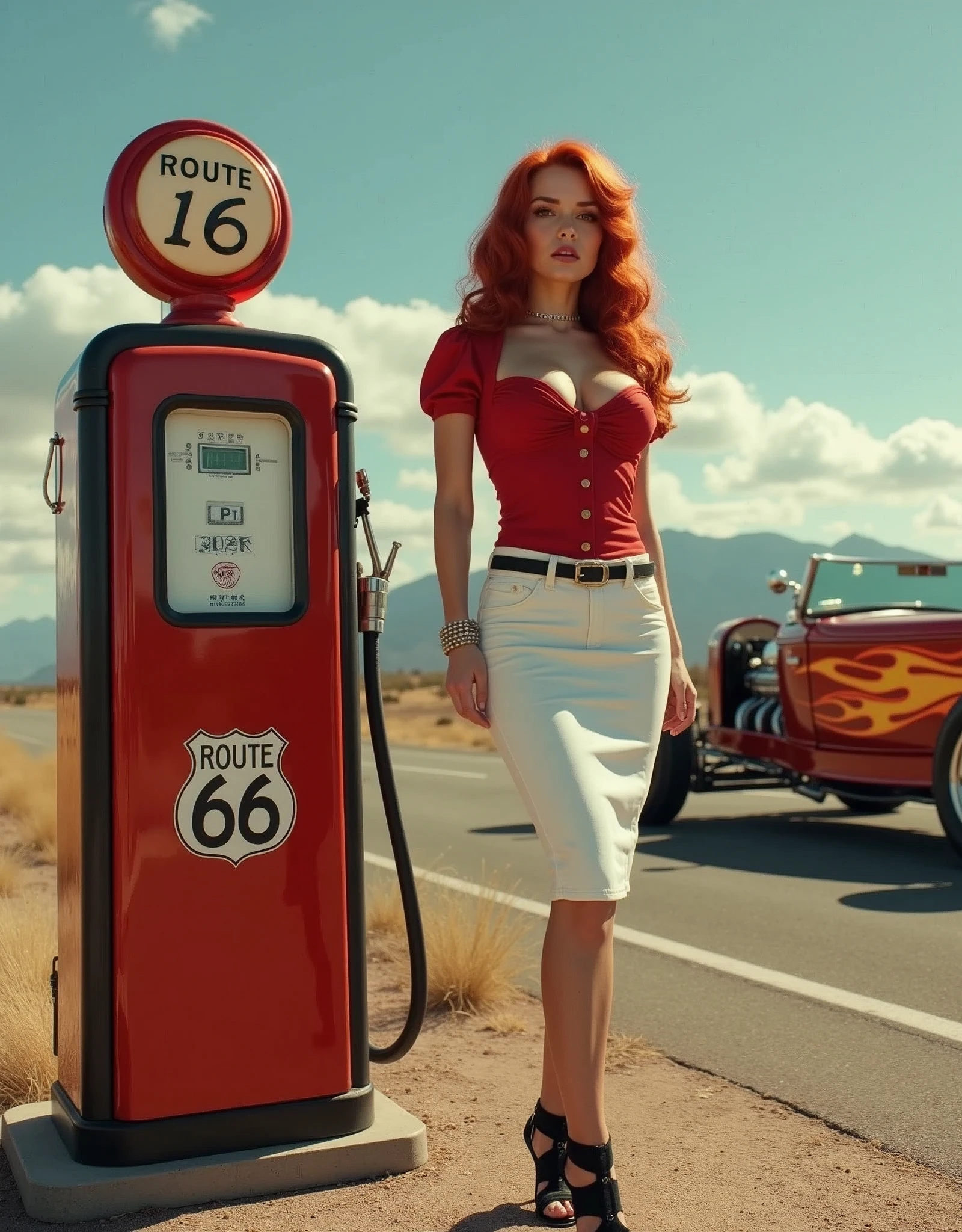 Wide-angle shot of a sizzling 1950s scene: a ravishing redheaded pin-up girl stands provocatively by a vintage gas pump at a full-service station on America's iconic Route 66. Her luscious locks are styled in a nostalgic '50s pin-up art flair, accentuating her hourglass figure and curvaceous silhouette. She sports a fitted white skirt, a bold red blouse with tantalizing cleavage, and black pantyhose with a garter belt and ankle-strap heels. The stunning roadster, a 1932 Ford hot rod, gleams in the sunlight, its orange and yellow flames burning bright against the backdrop of Route 66's open highway. retina, accurate, masterpiece, super detail, high details, best quality, award winning, highres, HD, 4K, 8k, 16k, realistic