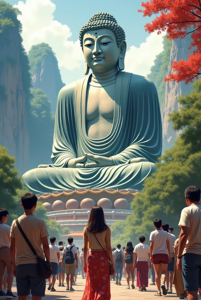 A woman and tourists take a photo at the Leshan Giant Buddha,Visitors facing the audience,Need to highlight tourists,Chinoiserie style