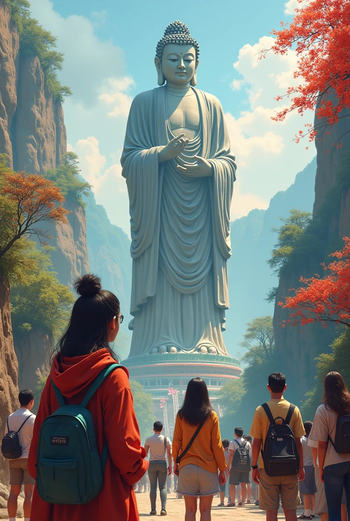 A woman and tourists take a photo at the Leshan Giant Buddha,Visitors facing the audience,Need to highlight tourists,Chinoiserie style