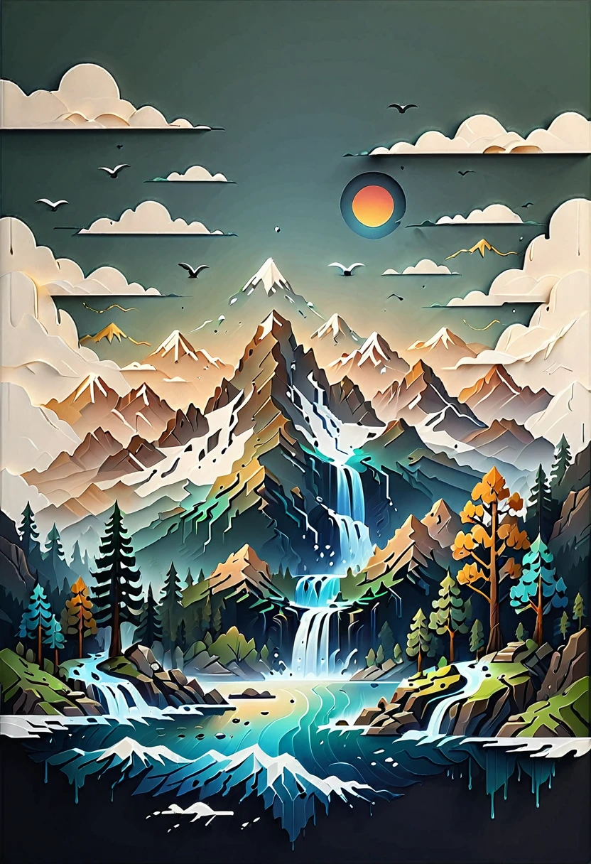 impressive painting of a mountain with trees and water, a detailed painting by Petros Afshar, shutterstock contest winner, environmental art, detailed painting, outlined art, 2d game art, isolated background for logo, strong contours, logo design