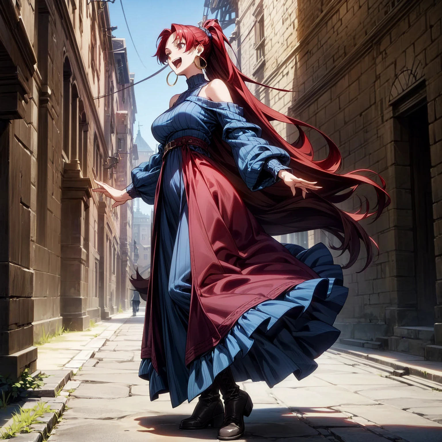 Solo character, full body version, young girl, black eyes, red color hair, very long hair, ponytail, long dress clothing, blue color dress, bare shoulder clothing, long skirt, boots, hoop earrings, outdoor, village, medieval, morning, standing gesture, detailed background, detailed clothing, detailed hair, happy eyes, open mouth, big Breast 