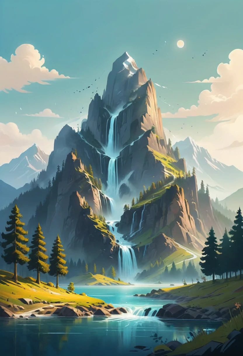 impressive painting of a mountain with trees and water, a detailed painting by Petros Afshar, shutterstock contest winner, environmental art, detailed painting, outlined art, 2d game art, isolated background for logo, strong contours, logo design