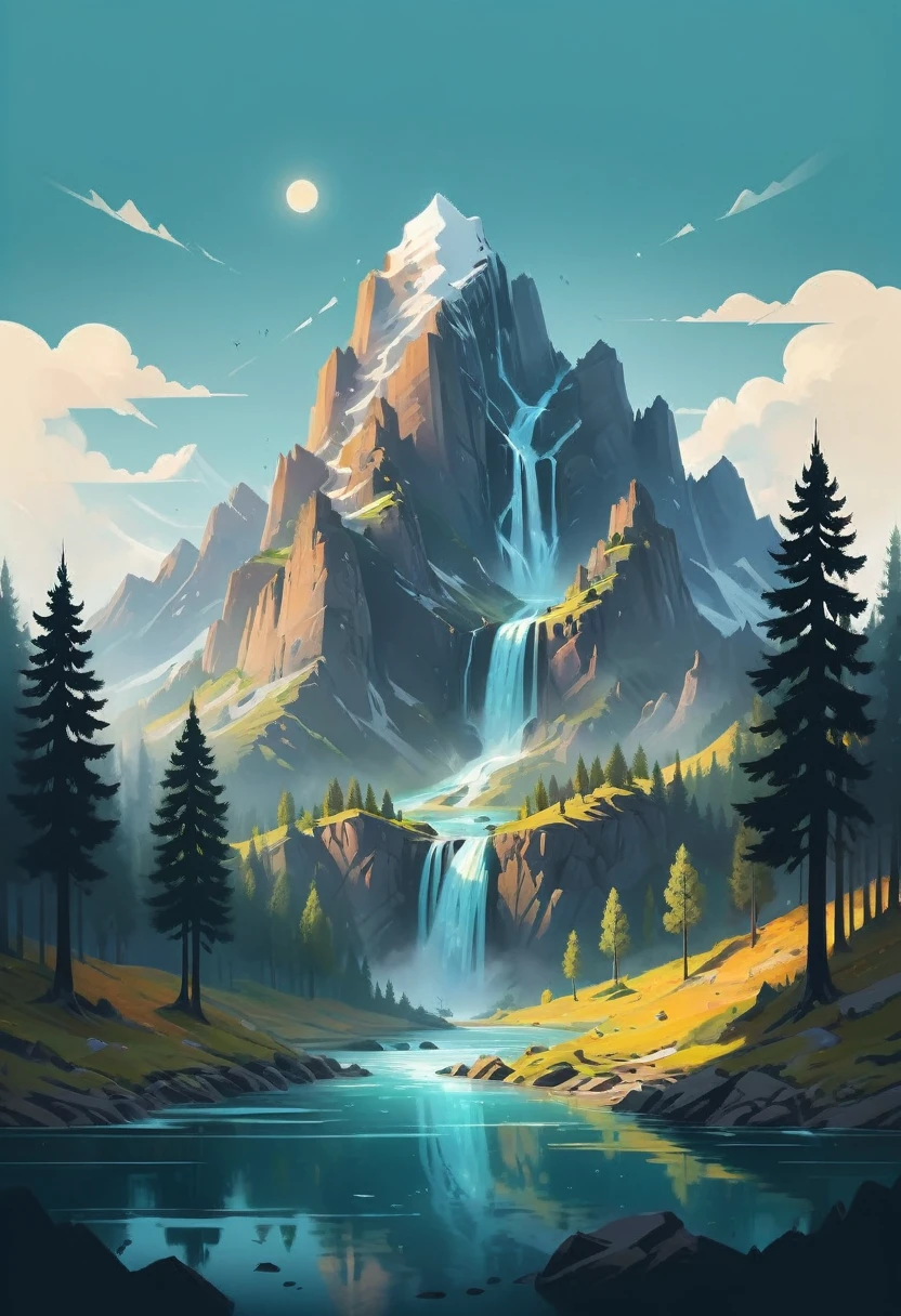 impressive painting of a mountain with trees and water, a detailed painting by Petros Afshar, shutterstock contest winner, environmental art, detailed painting, outlined art, 2d game art, isolated background for logo, strong contours, logo design
