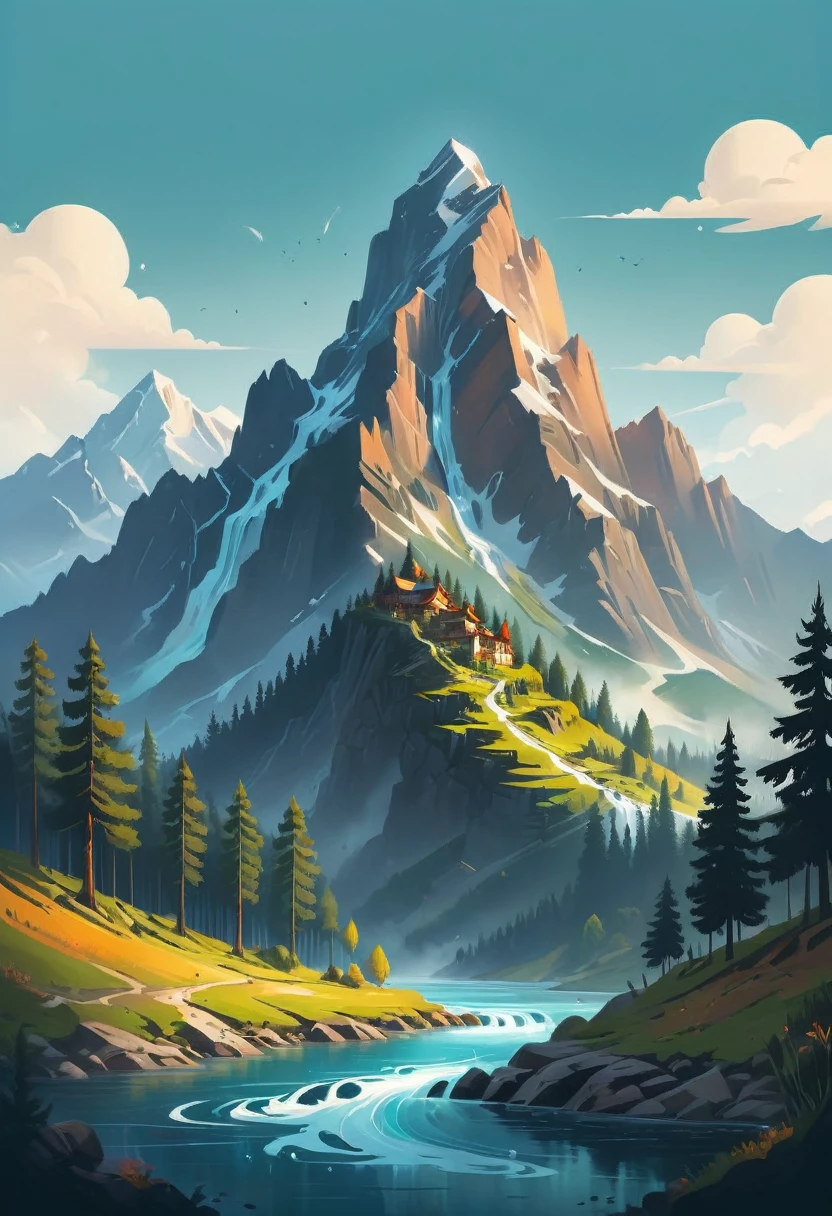 impressive painting of a mountain with trees and water, a detailed painting by Petros Afshar, shutterstock contest winner, environmental art, detailed painting, outlined art, 2d game art, isolated background for logo, strong contours, logo design
