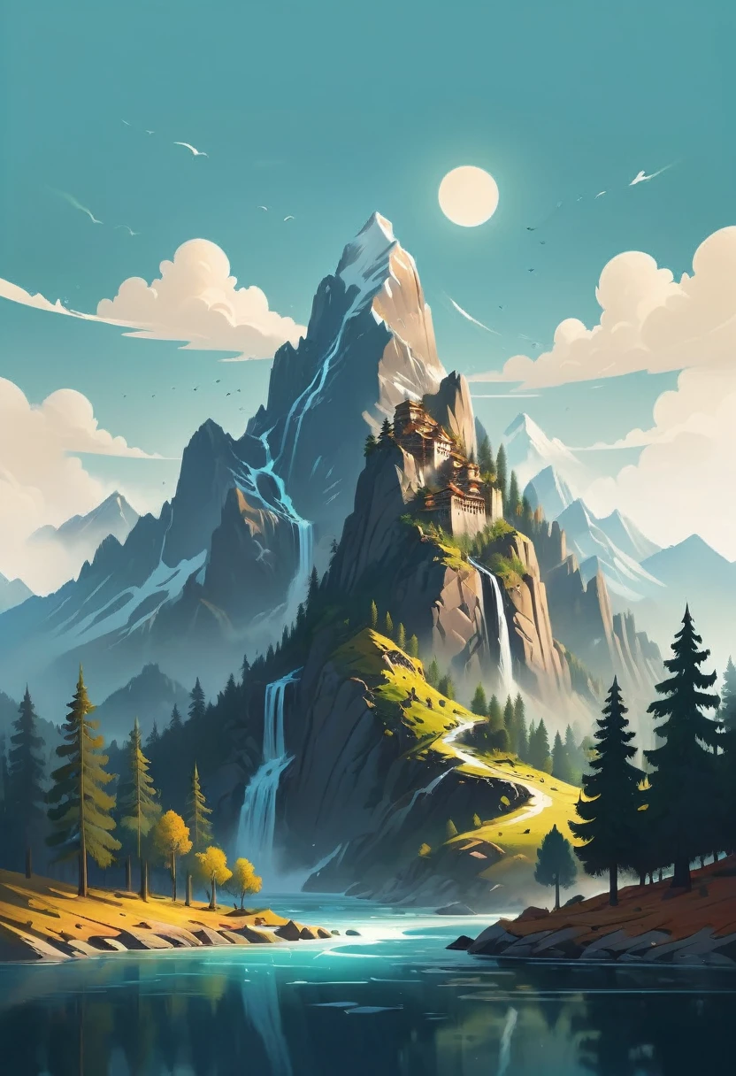 impressive painting of a mountain with trees and water, a detailed painting by Petros Afshar, shutterstock contest winner, environmental art, detailed painting, outlined art, 2d game art, isolated background for logo, strong contours, logo design
