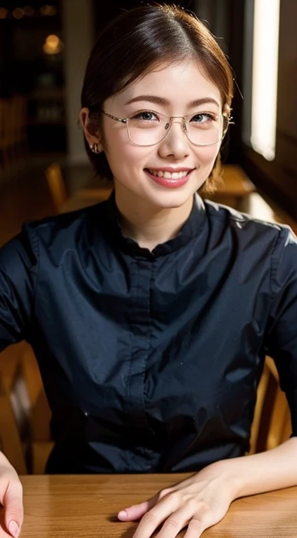 (8k, RAW Photos, Highest quality, Tabletop:1.2), (Realistic, Photorealistic:1.37), Very detailed, 1 girl,cute, alone,Beautifully detailed skies,Detailed Cafe,night,Sitting,Date,(Red nose),(Light Smile:1.1), Medium chest,Beautiful attention to detail,(Collared shirt:1.1), bow tie,Pleated skirt,(short hair:1.2),Floating Hair、See-through shirt、Please spread your legs a little、((Glasses、Nipples))