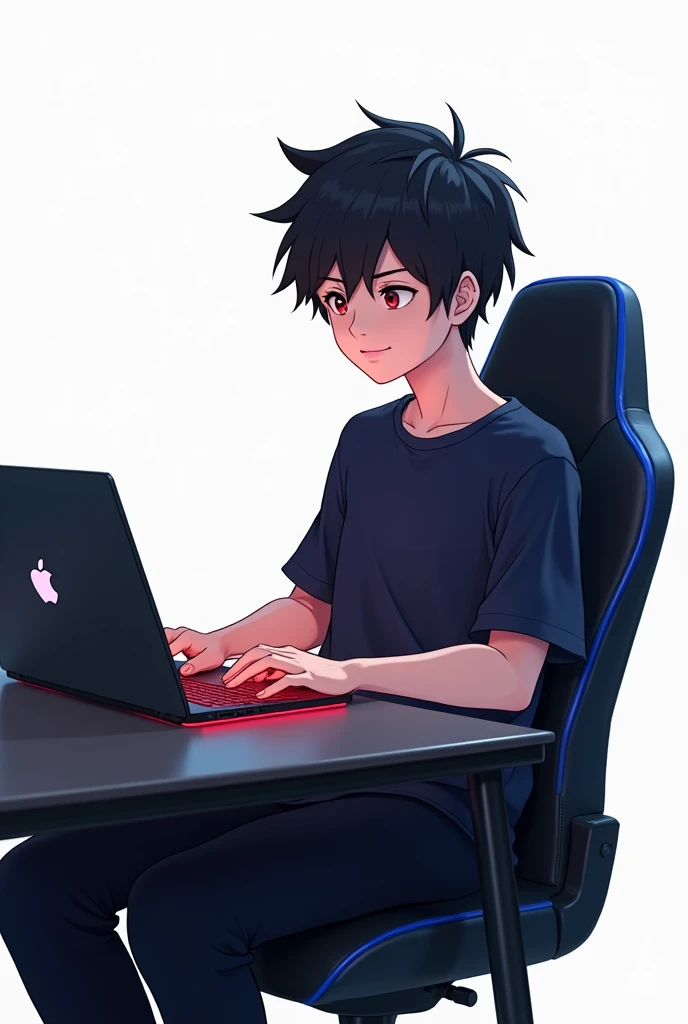 A 16 year old boy working in his blackish apple laptop. The keyboard was shining with red color.He weard a dark blue shirt and sat into a black(border blue) stylish chair. His hair is stylish but small. His skin is white. It's showing his right side.The background is white. His pant is black ! It's anime but looks like real ! He is much fat. He is happy but his mouth is close. Don't show his full body and bottom of the chair. 