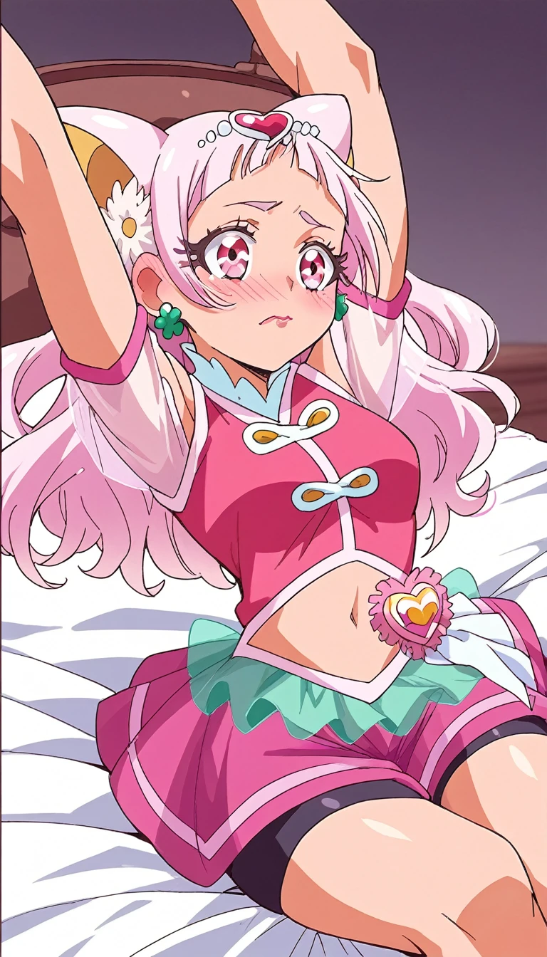 score_9, score_8_up, score_7_up, cure yell,  sitting on bed,cowboy shot,in luxury bed room. embarrassed face,rouge lips,spread arms stretching 