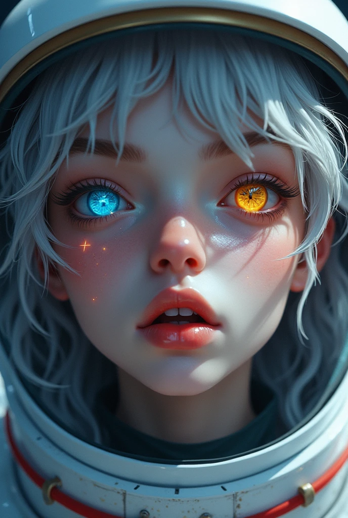 (Close-up of a better masterpiece:1.5)0.9], (Space and astronauts:1.2) (Messy silver hair:1.1) (Heterochromia xanthochromia and blue eyes:1.2) (Space Helmet:1.0) (Colored stars in the eyes:1.0) (A radiant glow:1.1) (thick lips:0.9)