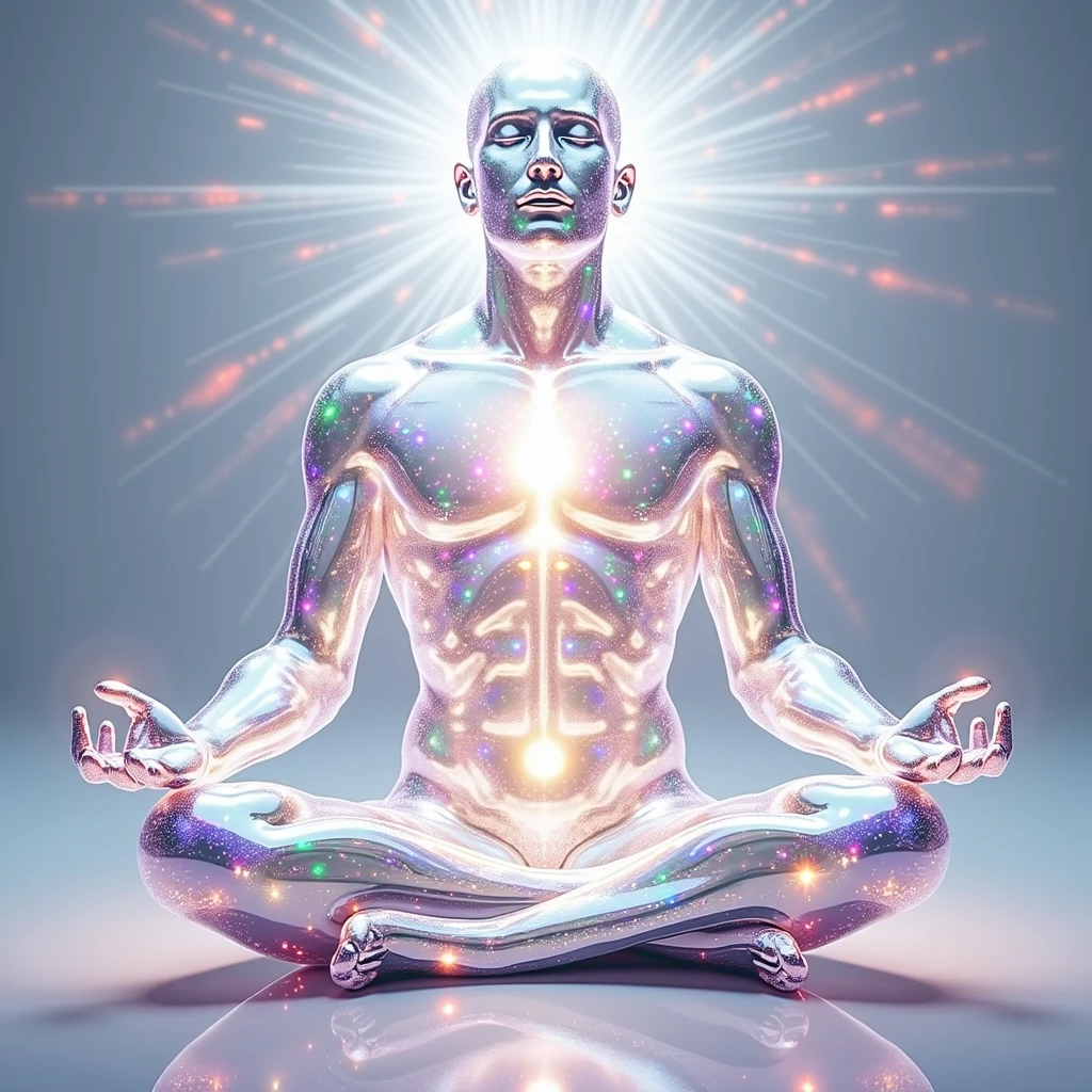A picture of a man meditating peacefully. His body is transparent like glass and radiates multi-colored diamond lights. The intensity of the light on his body is so bright that it makes his body appear bright white. Rainbow lights emanate from various points of his body. Above his head, a bright aura radiates in lines of light, suggesting spiritual awakening and illumination. The background is soft and calm, with perfect balance, creating a peaceful and harmonious atmosphere.