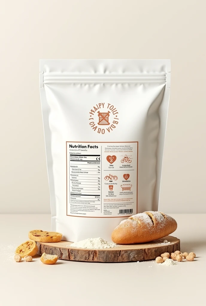 On the back side of the packaging, place a flour mill symbol with reduced opacity to create a subtle background effect. Include a nutrition bar detailing nutrients, emphasizing "100% Pure" and "Organic." Add a scanner barcode for home delivery, accompanied by a bike icon to indicate delivery service. Enhance the design with an additional illustration to make it more attractive and engaging.