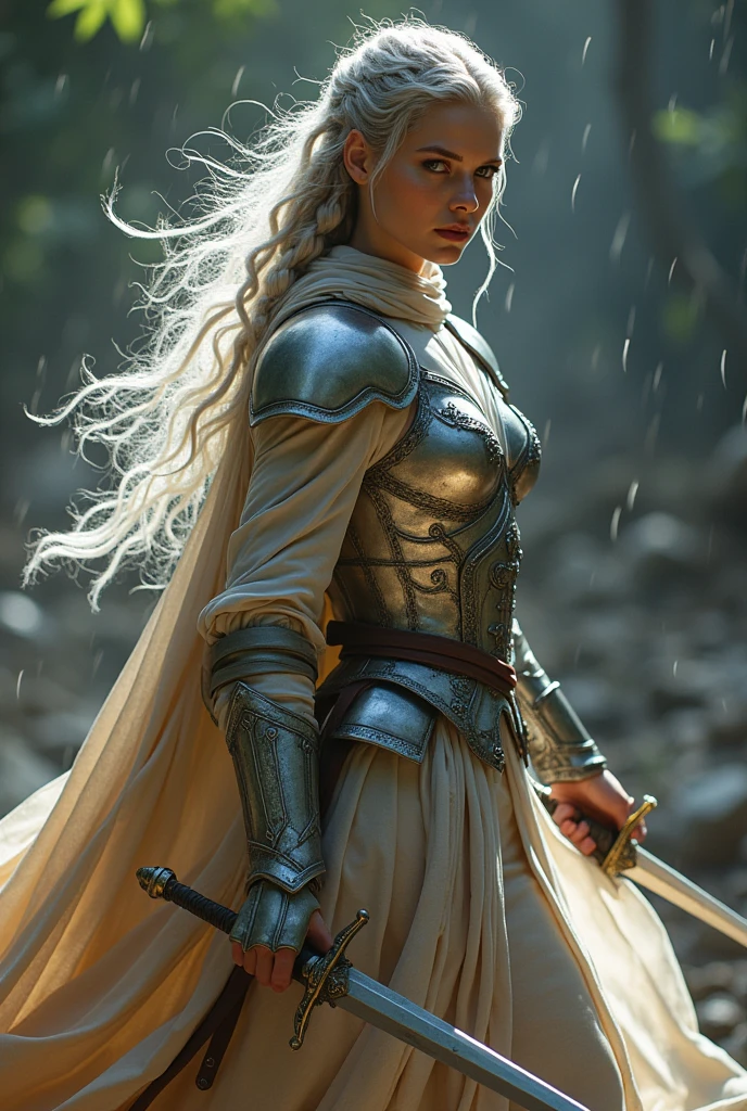 image of a {1elven stunning pose, WARRIOR, iconic attacking stance, swinging sword, photo_model pose, holding sword, bright shining SHIELD, royal regalia robe, perfect proportional anatomy, girl with high heels, silver long hair, multi braid hair, bright shining armor, rain of arrows, battlefight, UHD, intricate detailed, 8k, best quality ever, masterpiece, super detailed, unleashed creativity, beyond imagination, dramatic light, gradient motion color background}, rough, massive bright shining light all over the background, arrows rain, weathered and textured, slow shutter speed motion photography, shot on Fuji Film XT4 camera f/1.2. ISO 200